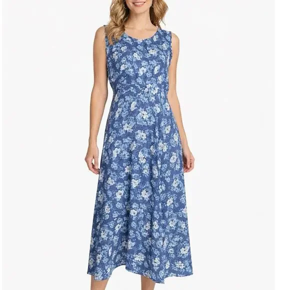 Vintage 90s Blue Floral Midi Dress Sleeveless Rayon A Line Medium Romantic - Picture 14 of 14